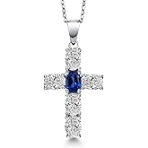 Gem Stone King 925 Sterling Silver Lab Grown Diamond and Blue Created Sapphire Cross Pendant Necklace for Women | 2.60 Cttw | Gemstone April Birthstone | Oval 6X4MM | With 18 Inch Chain