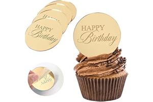 Wolpark 20pcs Gold Mirror Acrylic Cupcake Toppers Acrylic Engraved Cake Picks Cupcake Disc Happy Birthday Cake Decoration Circle Round Shape DIY Party Supplies