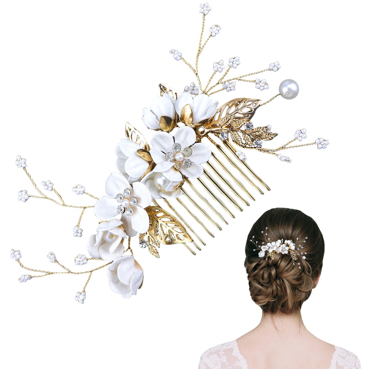 FERCAISH Wedding Hair Comb Flower, Crystal Bridal Hair Accessories, Pearl Leaf Headpiece for Wedding Bride Bridesmaid (White)