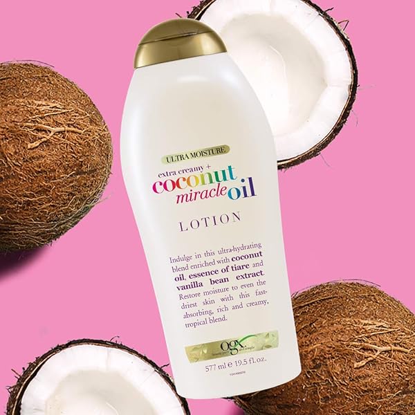 OGX EXTRA CREAMY + COCONUT MIRACLE OIL ULTRA MOISTURE BODY LOTION WITH VANILLA BEAN, FAST-ABSORBING BODY LOTION FOR ALL SKIN TYPES, PARABEN-FREE AND SULFATED-SURFACTANTS FREE, 19.5 OUNCE
