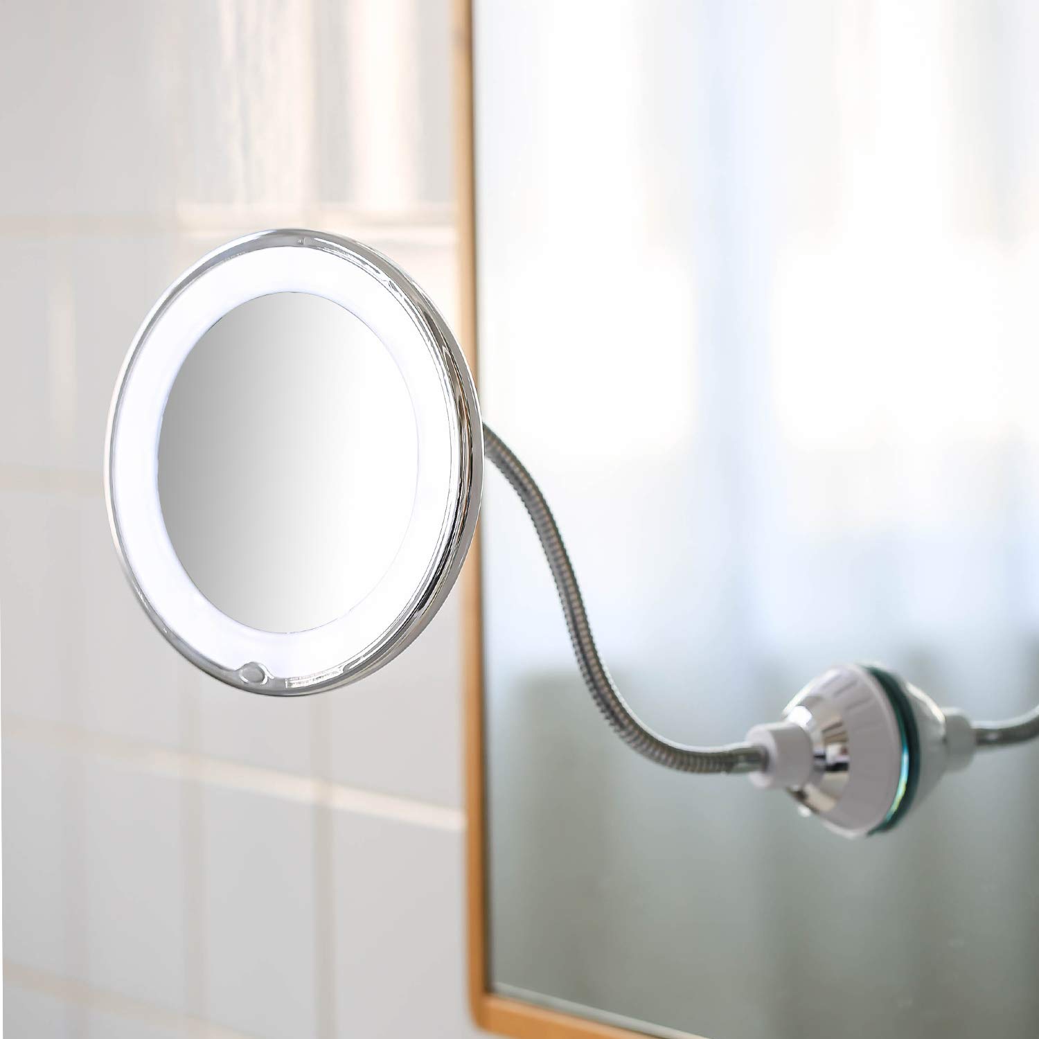 TOP4EVER Flexible Gooseneck LED Lighted 10X Magnifying Makeup Mirror，Power Locking Suction Cup with Dimmable Light and 360 Degree Swivel, Portable Cordless and Home Bathroom Vanity Mirror : Beauty