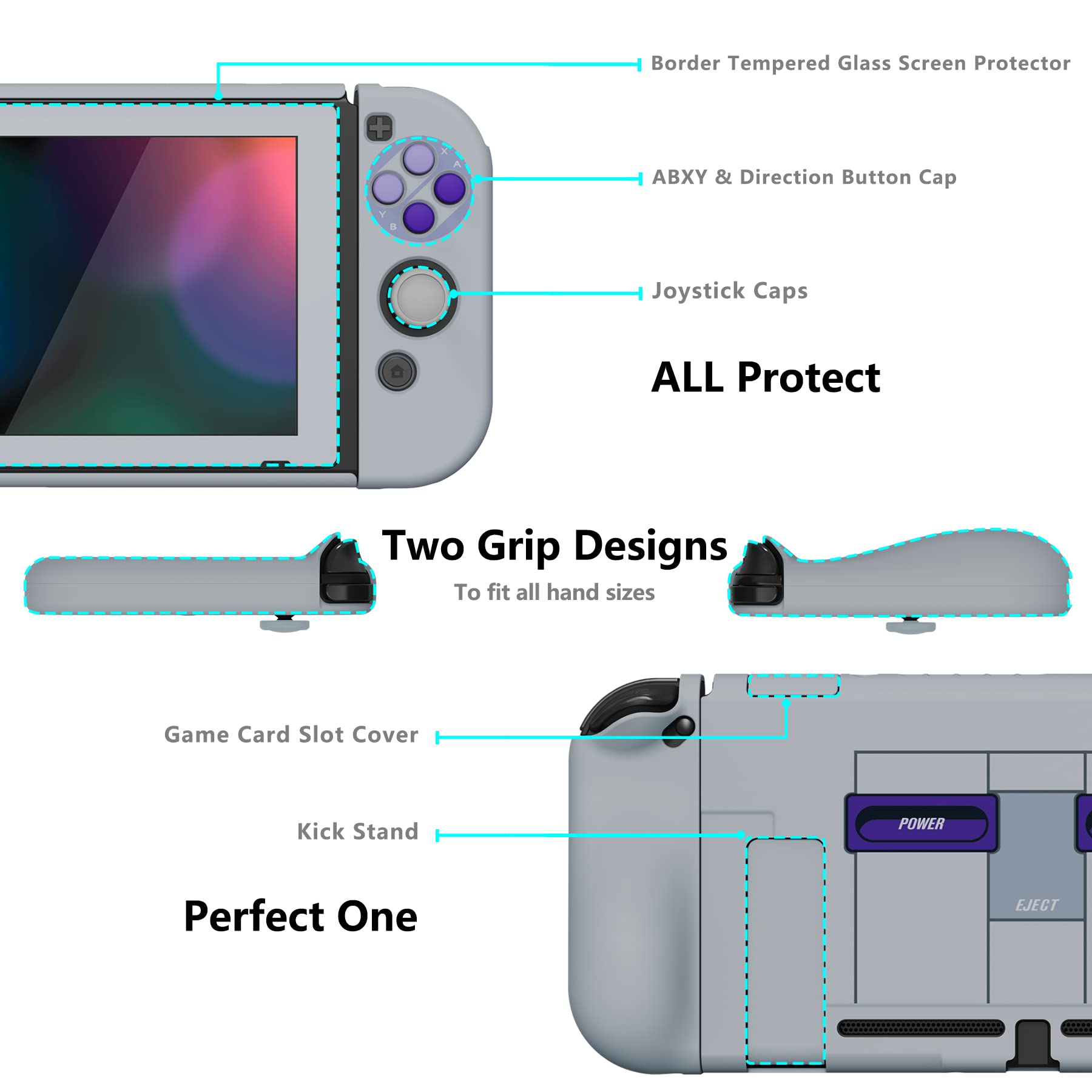PlayVital AlterGrips Ergonomic Grips Cover for Nintendo Switch, [2 Design] Interchangeable Comfort Dockable Protective Case with Screen Protector & Thumb Grip Buttons Caps - Classics SNES Style