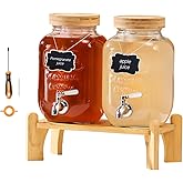 VEVOR Beverage Dispenser, 2 Pack 3.8L Drink Dispensers for Parties, Glass Juice Dispenser with Wood Stand, Stainless Steel Spigot, Infuser, Iced Tea Lemonade Juice Water Dispensers for Parties