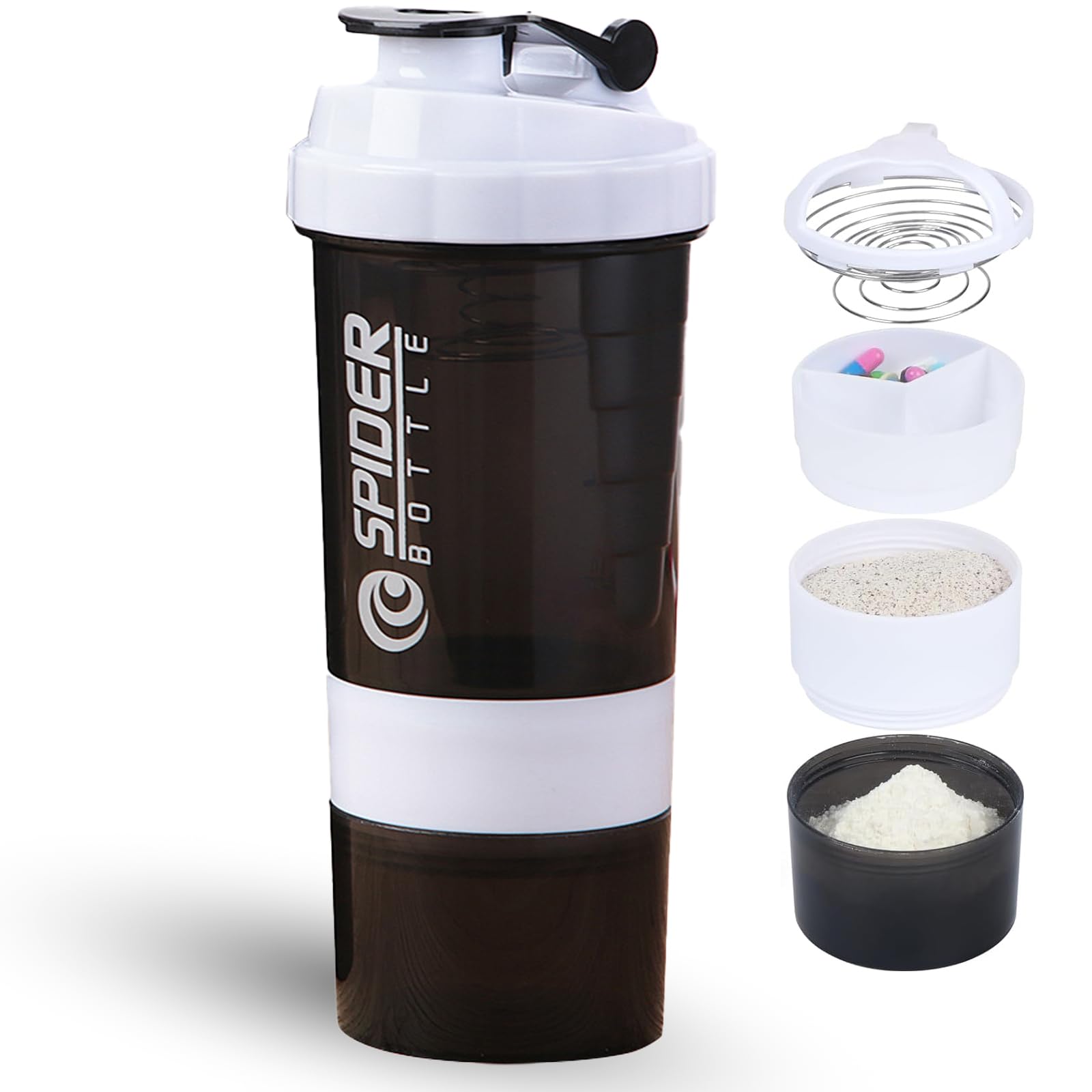 DDUP Protein Shaker Bottle, 16oz 3 Layer Twist Off GYM Shaker Cup Shake Bottle with Mix Grid and Pill & Supplement Storage,Leak Proof Shaker for Protein Shakers (White)