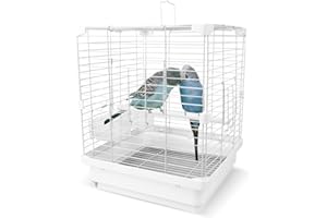 COKUUCO Small Bird Cage for Parakeets, Budgies & Canaries and More Small Birds - Lightweight Travel Birdcage & Bird Carrier with Handle, Stand, Removable Tray, Portable for Hanging, Outdoor Use, White