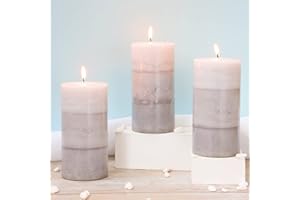 FLAVCHARM Set of 3 Scented Candles 3" x 6" Creamy Coconut Scented Hand Poured Grey White Pillar Candles Long Burning Smokeless Cotton Wick Candles Gift Set for Spa Wedding Home Decorations