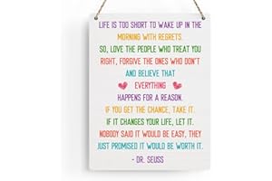 BELLOWDEER Motivational Wall Art Life Is Too Short To Wake Up With Regrets Quote Wall Decor Inspirational Gifts Dr Seuss Decorations Wood Hanging Sign for Office Classroom Nursery Bedroom Wall Decor 8x10 Inches