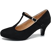 Women's Pumps Low Kitten Heels Mary Jane Retro T-Strap Comfortable Office Work Dress Shoes Black Velvet-40US 8