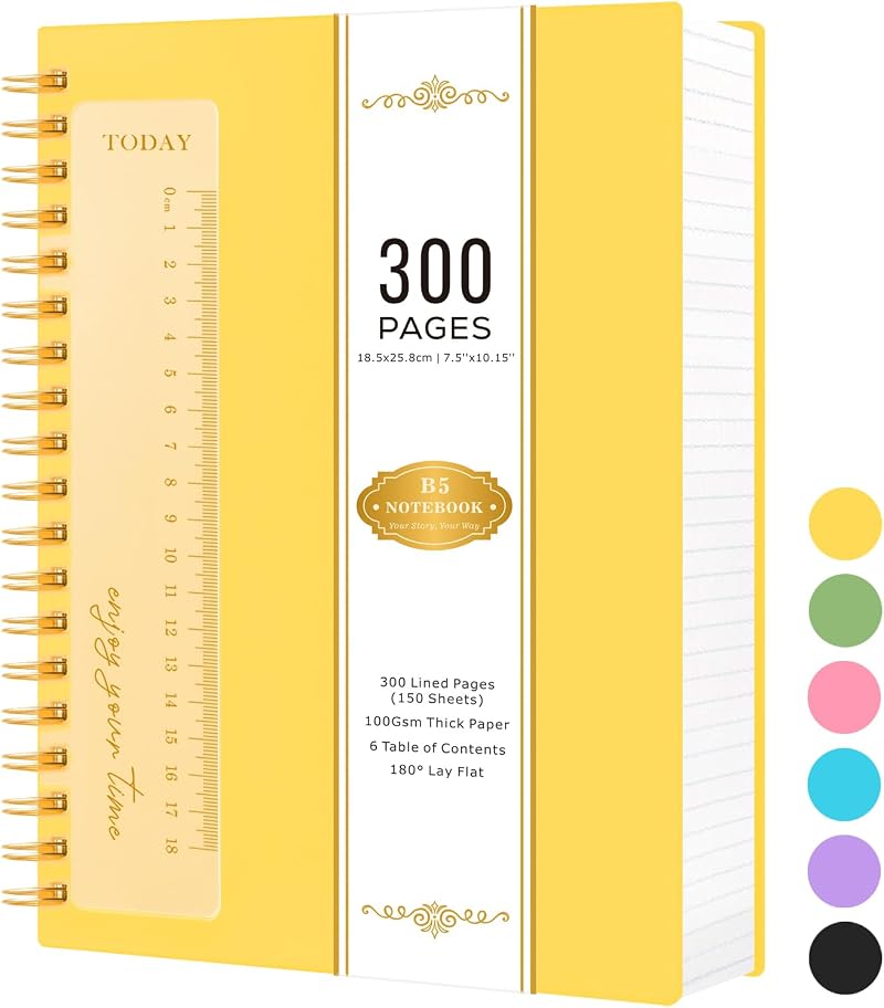 NIRMIRO B5 Notebook Spiral 300 Pages 100GSM 18.5x25.8cm Yellow Hardback