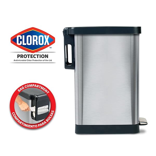 GLAD SLIM TRASH CAN WITH CLOROX ODOR PROTECTION – NARROW KITCHEN GARBAGE BIN WITH SOFT CLOSE LID, STEP ON FOOT PEDAL AND WASTE BAG ROLL HOLDER, STAINLESS STEEL, 12 GALLON/45 LITER