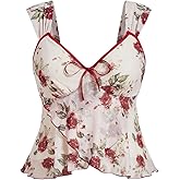 WDIRARA Women's Plus Size Floral Print Mesh Crop Top Asymmetrical Tank Tops