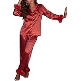 Argeousgor Women Satin Pajamas Striped Feather Trim Pjs Long Sleeve Button Down Shirt Pants Vacation Matching Silk Lounge Set