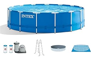 INTEX 28253EH 18ft x 48in Metal Frame Above Ground Swimming Pool Set, Includes 1500 GPH Cartridge Filter Pump, Removable Ladder, Pool Cover, Ground Cloth