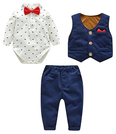 DEMU Baby Jungen 3-Teiliges Strampler Smoking Gentleman Anzug Outfits Jumpsuit Spielanzug