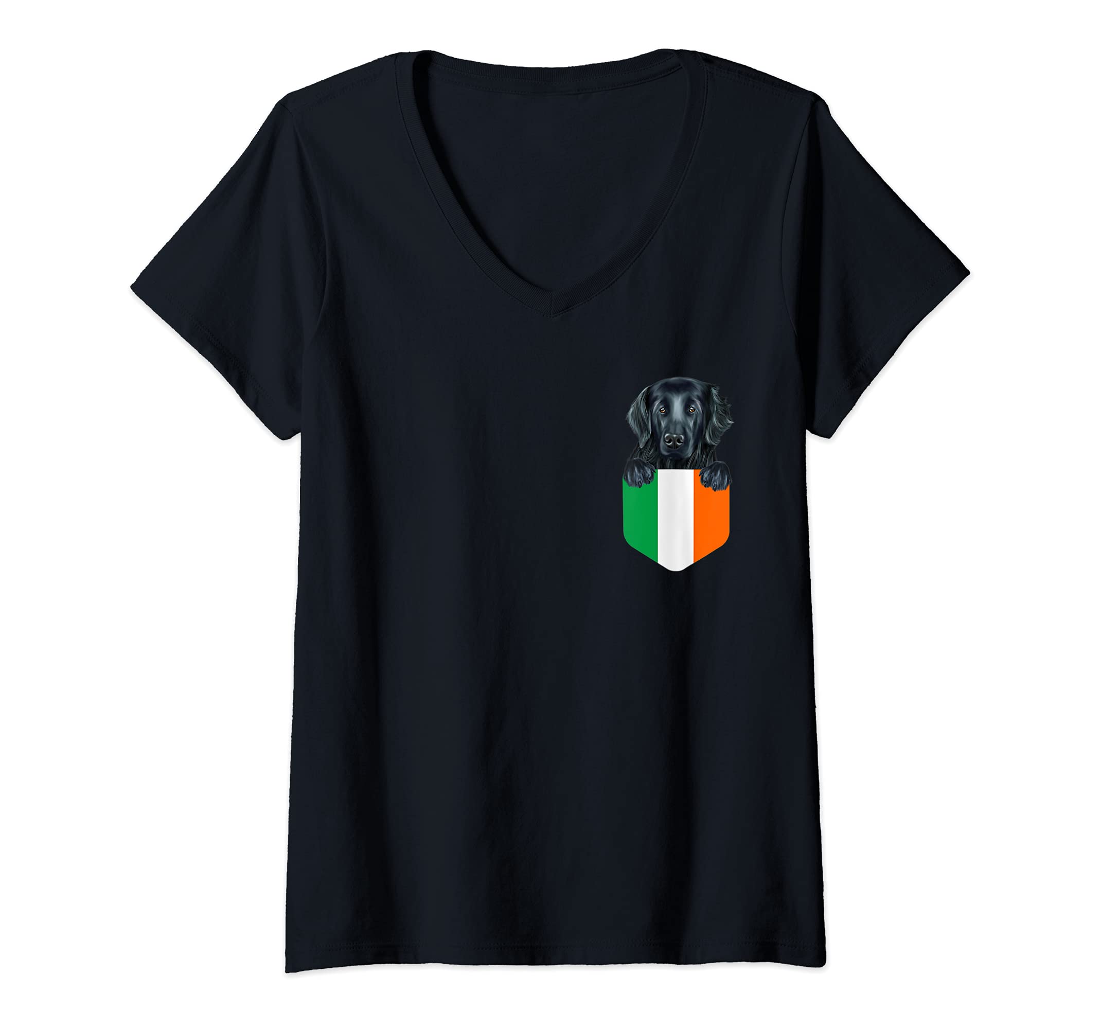 Womens Ireland Flag Flat-Coated Retriever Dog In Pocket V-Neck T-Shirt