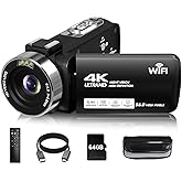 Video Camera, 4K Camcorder 56MP Digital Video Recorder 18X Zoom 3" 270° Rotation Touchscreen IR Night Vision, Wifi Vlogging Camera for YouTube 64GB Card Anti-Shake Remote Control Camera Bag Lens Cap