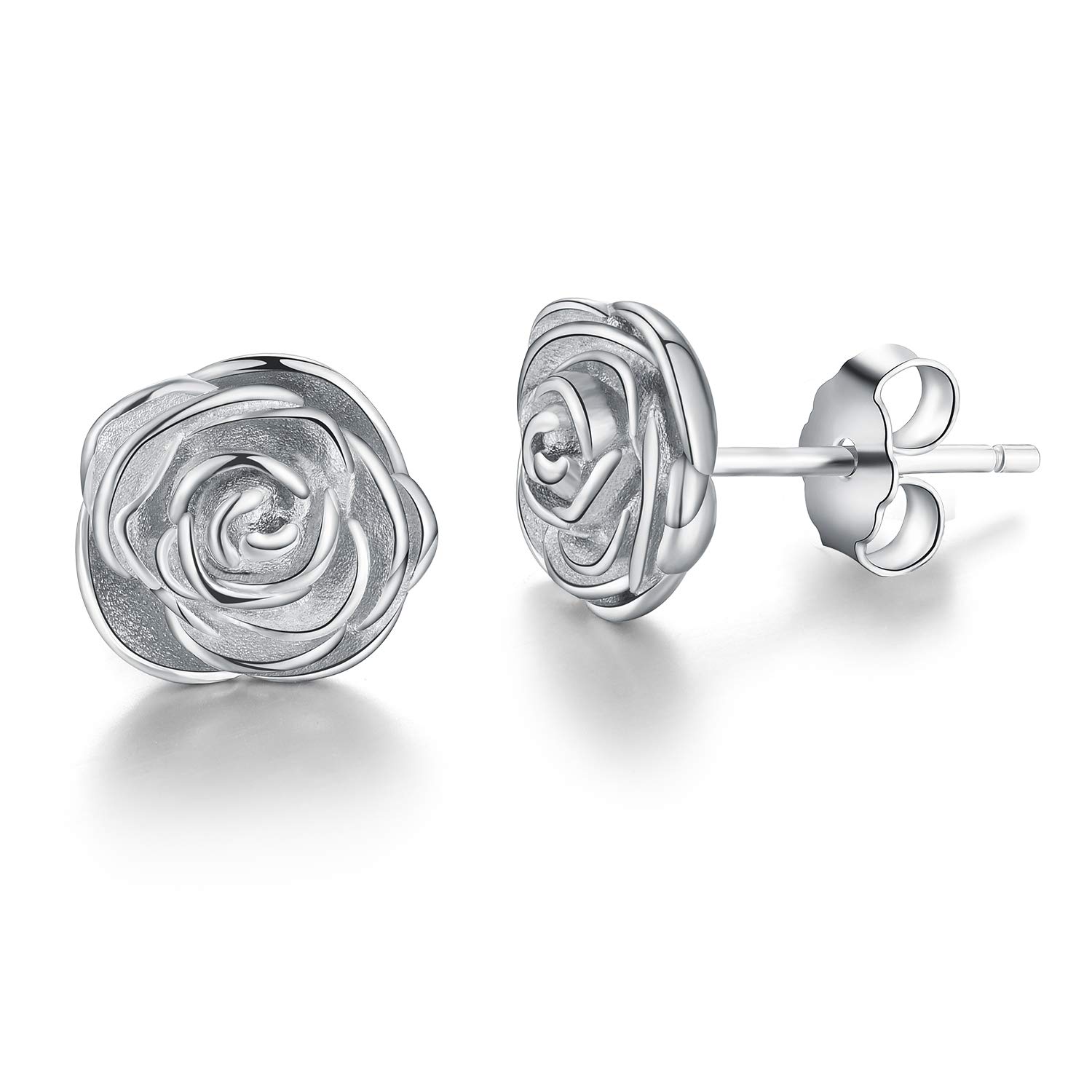 Esberry ✦Gifts for Christmas✦ 18K Gold Plating 925 Sterling Silver Rose Stud Earrings Hypoallergenic Flower Earrings Jewelry for Women and Girls (White Gold)