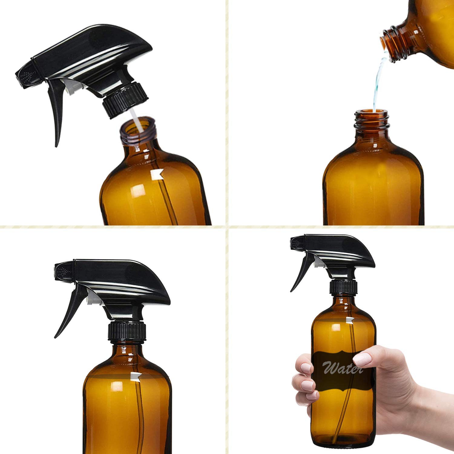 Homeries Empty Amber Glass Spray Bottles 16 oz, Refillable Sprayer for Essential Oil, Cleaning, Water, Kitchen, Hair. Environment Friendly Mist Sprayer (4 Pack) : Beauty