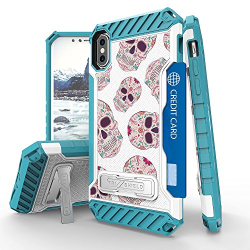 iPhone X Case, iPhone Xs Case, Trishield Durable Shockproof High Impact Rugged Armor Phone Cover with Built in Kickstand for iPhone X/XS- Sugar Skulls