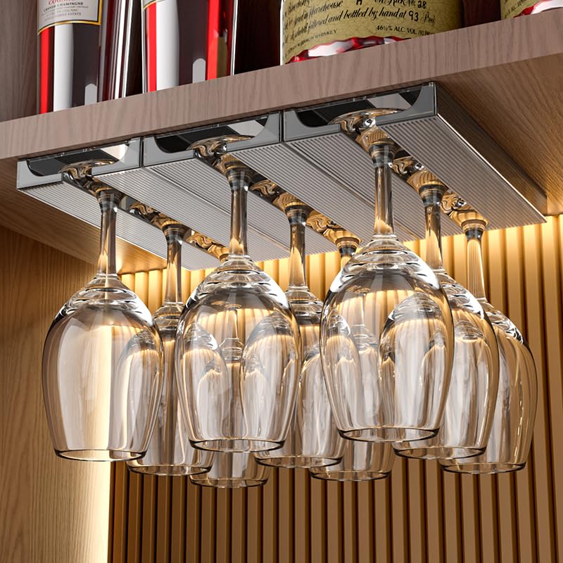 Vaisoeny 4 Pack Translucent Under Cabinet Wine Glass Holder, Grey, Stemware Holder, Glass Storage Hanger Organizer for Kitchen and Bar