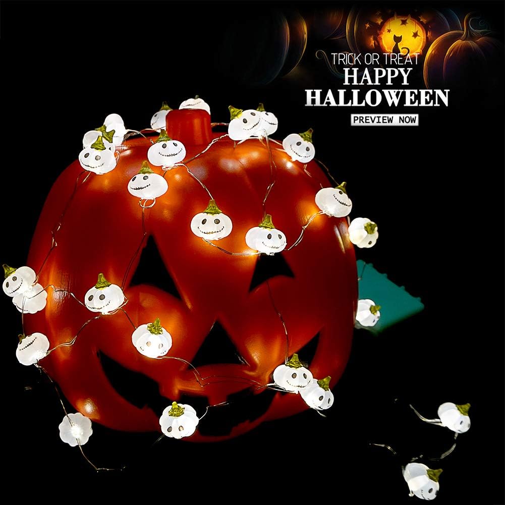 BOHON Halloween Lights 3D Jack-o-Lantern 10ft 30 LEDs Pumpkin String Lights Battery Powered Pumpkin Lights for Halloween Party Indoor Fall Outdoor Harvest Thanksgiving Decorations White
