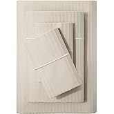 Feather & Stitch 500 TC Queen Size Damask Bed Sheet Set, 100% Cotton Soft Breathable Bedsheets, 4 Piece 18" Deep Pockets Sateen Weave Striped Bedding Mattress Resort Hotel Luxury- (Beige Stripe)