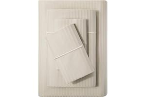 FEATHER & STITCH NEW YORK Feather & Stitch 500 TC King Size Damask Bed Sheet Set, 100% Cotton Soft Breathable Bedsheets, 4 Piece 18" Deep Pockets Sateen Weave Striped Bedding Mattress Resort Hotel Luxury- (Beige, King)