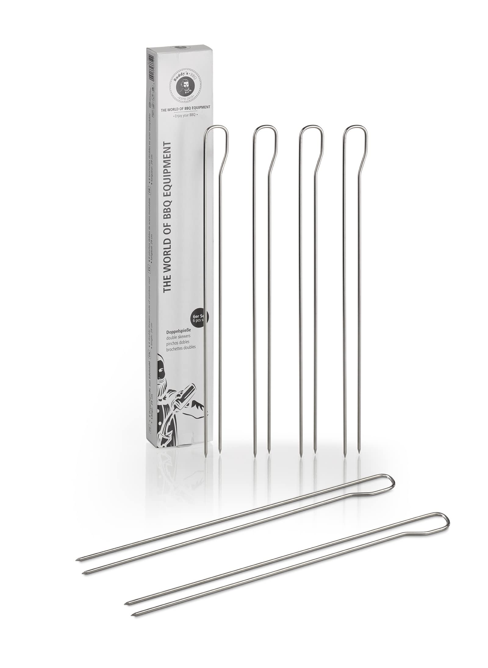Buddy's BBQ - Barbecue Skewers / Kebab Skewers 6 Double Skewers BBQ Skewers Grilling Cooking Meat Vegetable Reusable 29cm Length Stainless Steel Round Material