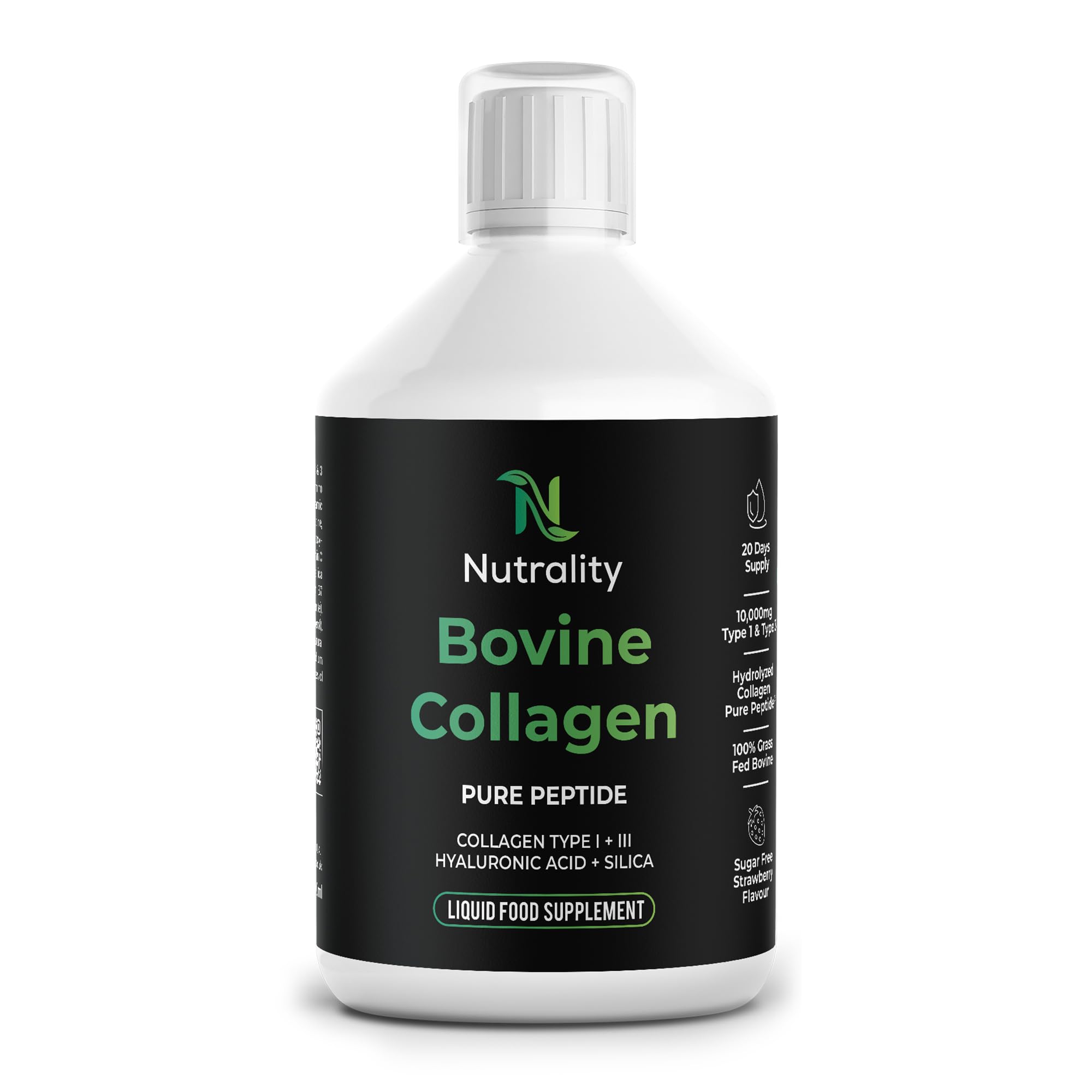 Nutrality Bovine Collagen Peptides Sugar Free | 10,000mg Type 1 | Collagen Supplements for Women Peptides, Hyaluronic Acid, Biotin | Strawberry Flavour | Healthy Skin, Hair, Nails | 500ml