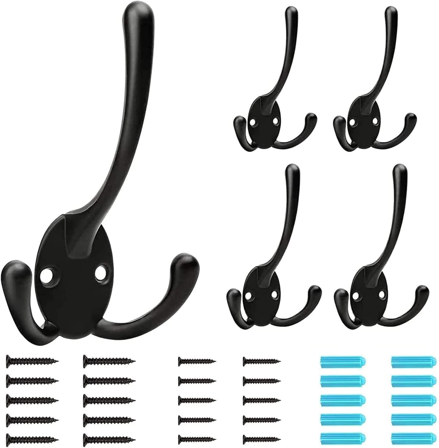 BIGLUFU Coat Hooks Heavy Duty,5Pcs Three Prongs Hooks Black Coat Hook Wall Mounted,with 20 Screws(Two Types of Screws Included),for Hanging Coat,Hat,Towel,Scarf,Bag,Key