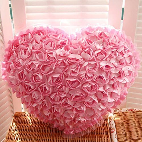 Peneric High Quality Satin Heart Rose Flower Bed Sofa Pillow Cushion Rose Flowers 15.7x13.7-inch Decorative Wedding (Pink (Rose pillow))