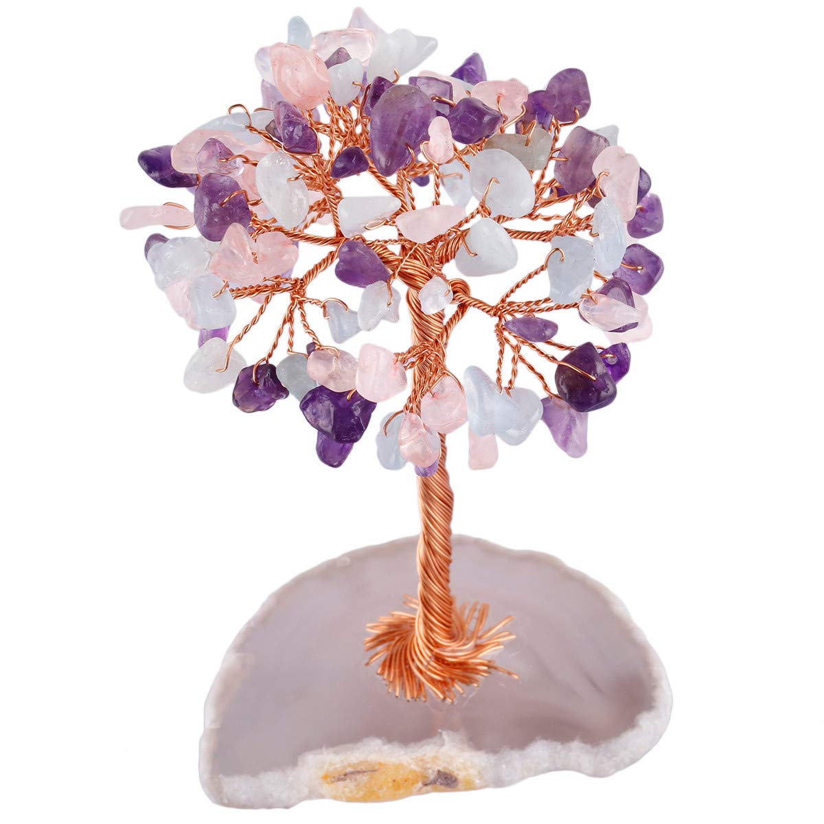 KYEYGWO Handmade Crystal Money Tree for Good Luck Wealth Health, Figurine Bonsai on Natural Agate Slab 2.3"-3" High