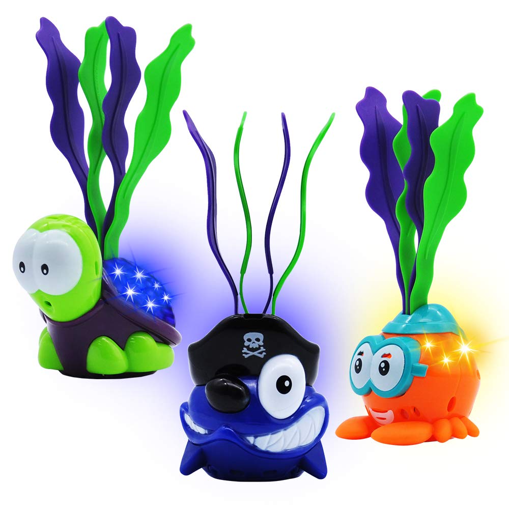 JOYIN Light-up Diving Pool Toys Set, 3 Pack Diving Toy Swimming Pool Toys for Kids Animals Turtle Shark Seaweed Dive Toys