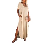 Dokotoo Summer Maxi Dresses for Women 2026 Beach Vacation Essentials V Neck Cap Sleeve Long Sundresses with Pockets