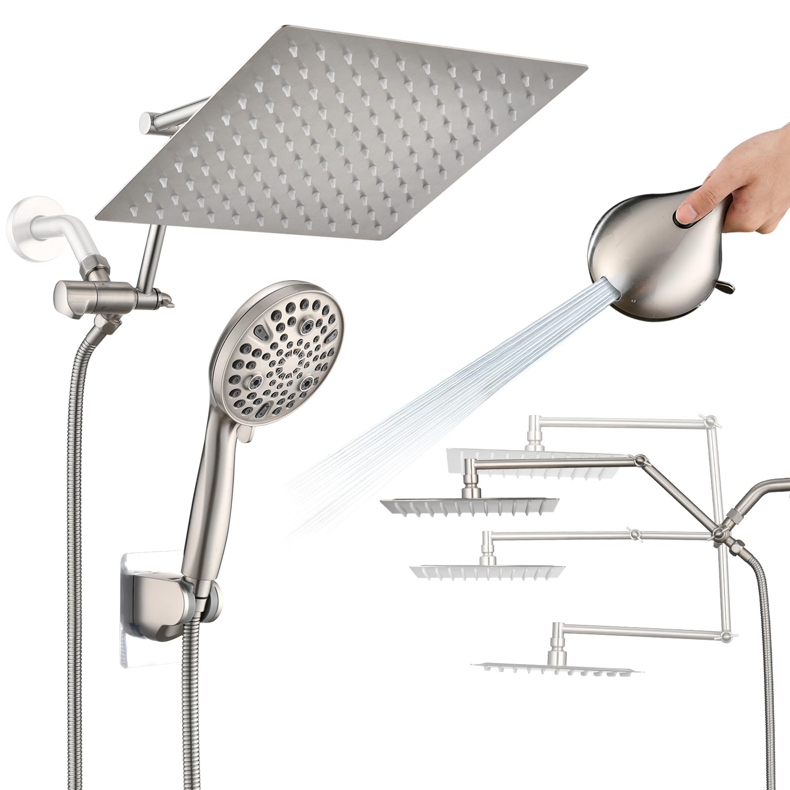 Photo 1 of PDPBath 10" Rainfall Shower Head with Handheld Spray, Dual Rain Showerhead with High Pressure 10-Setting Wand Combo, 16" Adjustable Extension Arm Build-in 3-way Diverter, 6ft Hose -Brushed Nickel