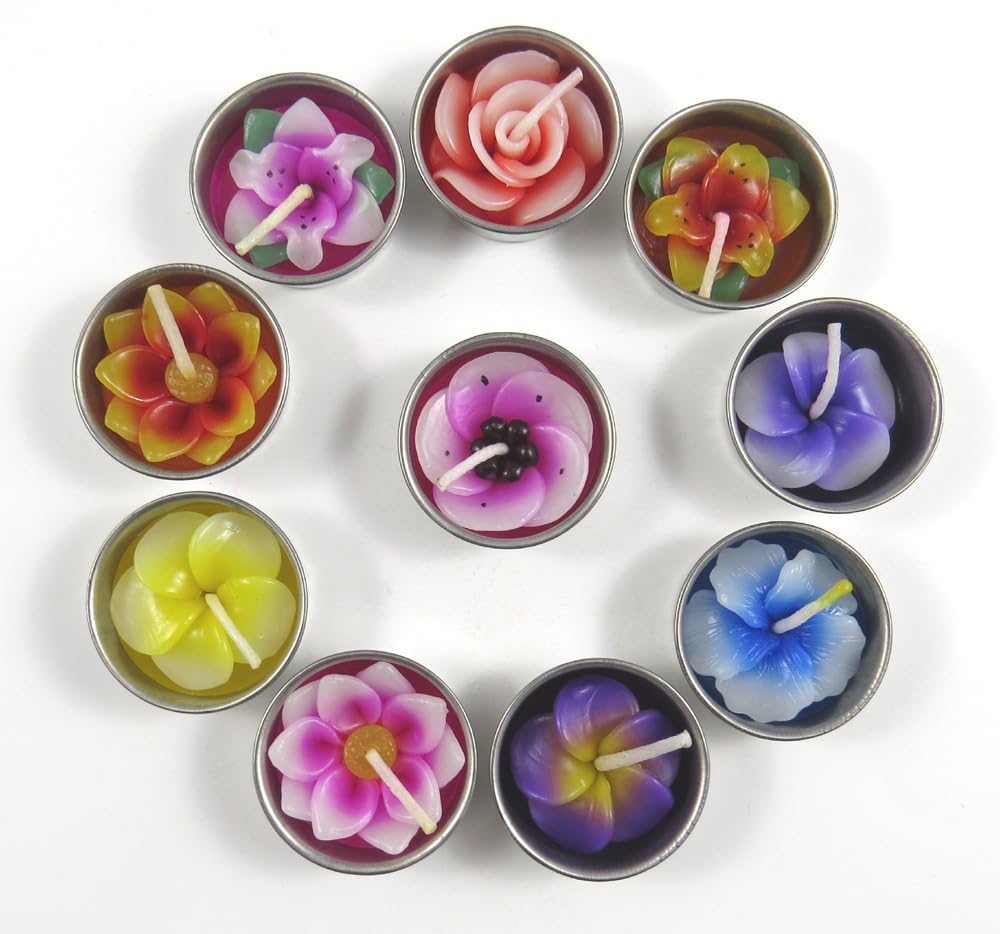 Merca Tealight Candles and Candle Holder Refills Including 10 Flower-Shaped Scented Candles (Hibiscus, Lily, Sakura, Lotus, Rose, Frangipani)