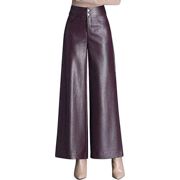 Pohullan Women Pu Leather Wide Leg Pants High Warm Long Leather