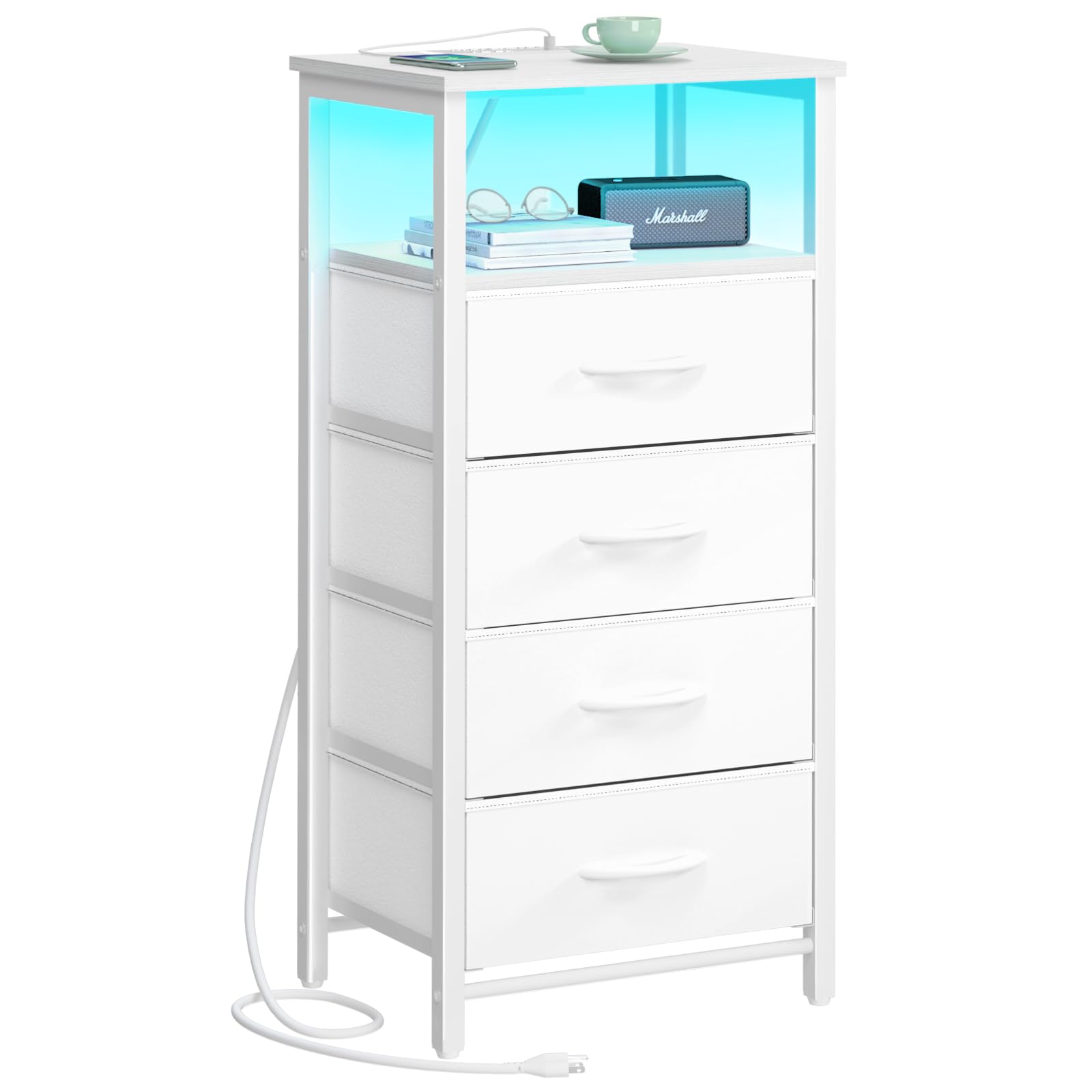 Photo 1 of **It is used, it is missing a part and it is not known if it works 100%***Yoobure Night Stand - LED White Nightstand with Charging Station, Bedside Table with 4 Storage Drawers and Storage Shelf, End Table with USB Ports and Outlets, Tall Dresser for Bedr