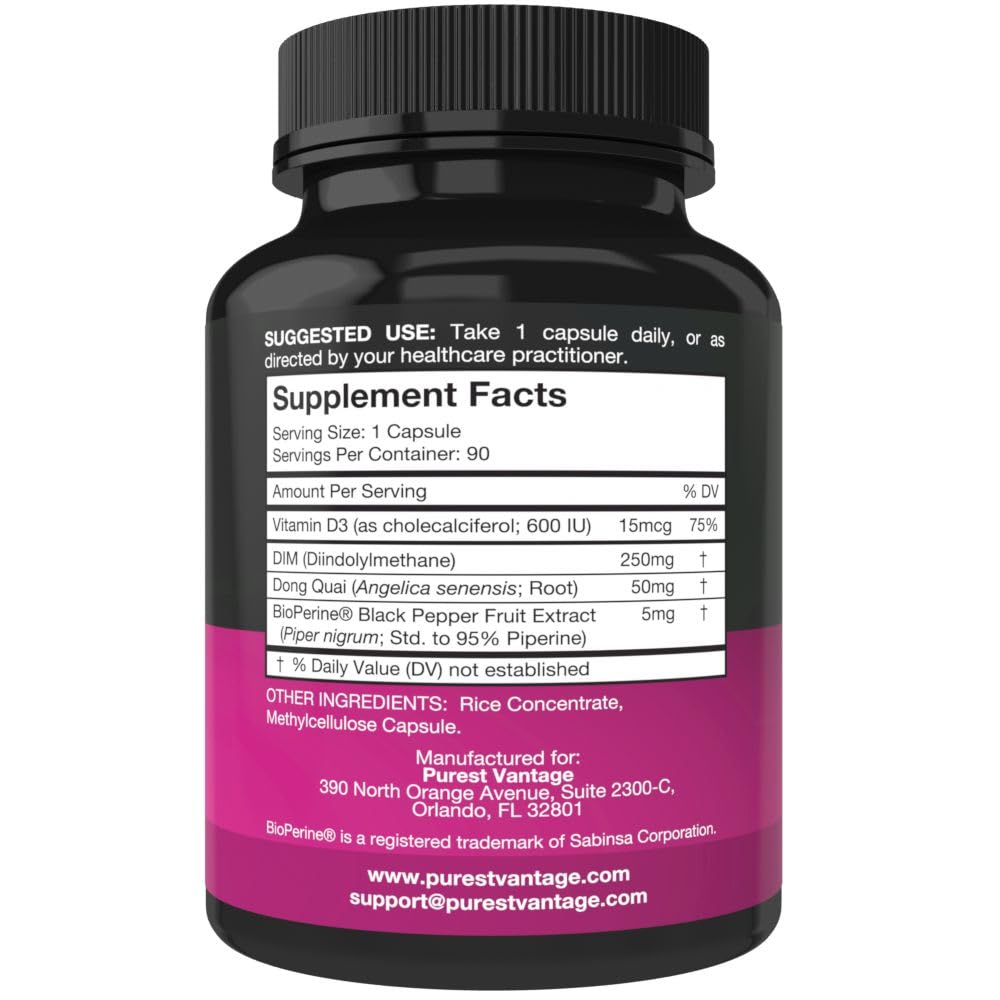 Pure DIM Supplement 250mg Diindolylmethane Plus BioPerine and Dong Quai - Hormone Balance Support for Women and Men, Menopause & Estrogen Support - 90 Vegetarian Capsules