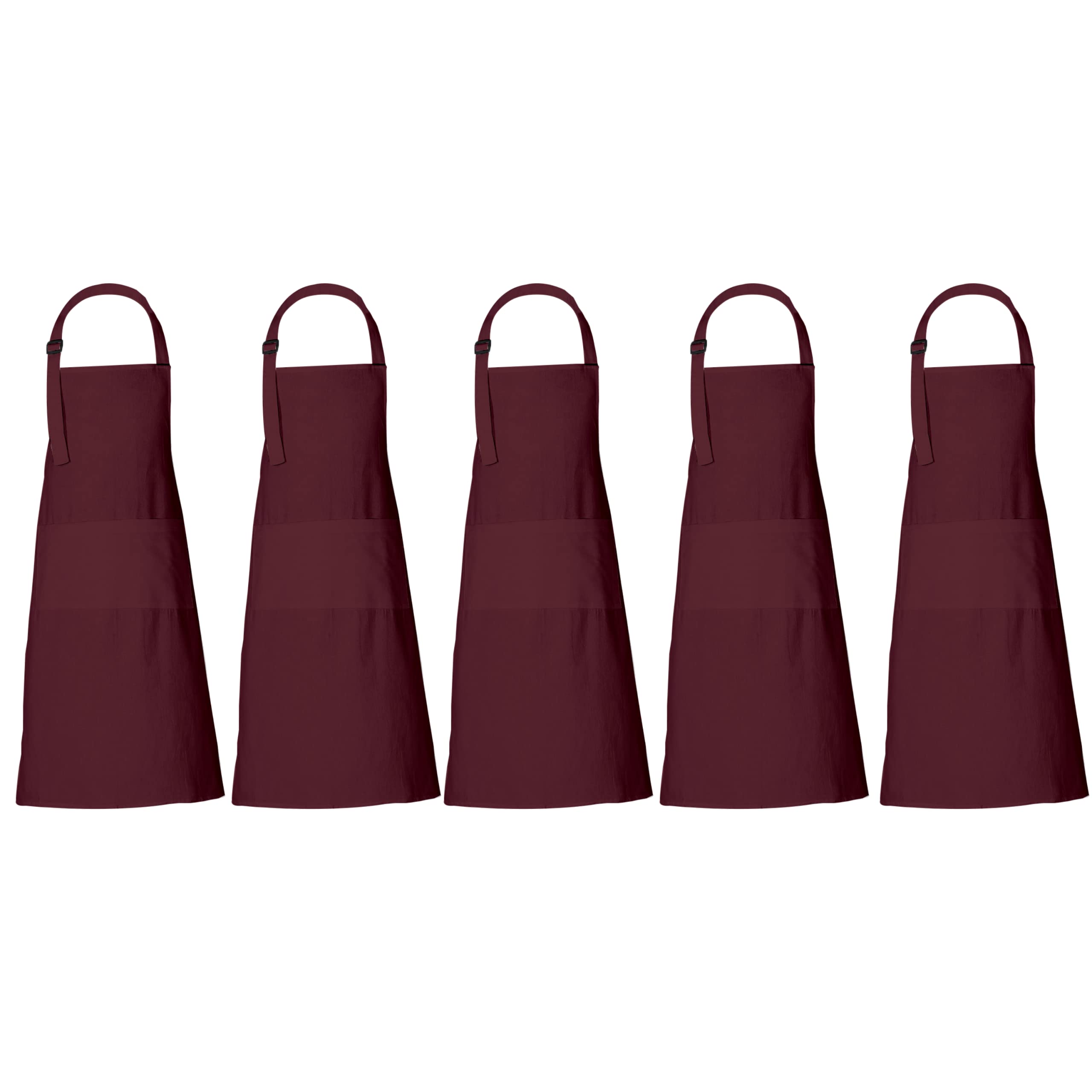RAJRANG Cotton Apron for Men Women 3 Large Pockets with Adjustable Neck Straps Waiter Maid Cooks Kitchen Bib BBQ Tawny Port Maroon Aprons Set of 5-35x27 inches