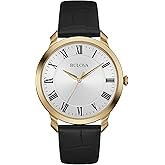 Bulova Men's Classic 3-Hand Quartz Black Leather Strap Watch, Roman Numeral Markers, 41mm