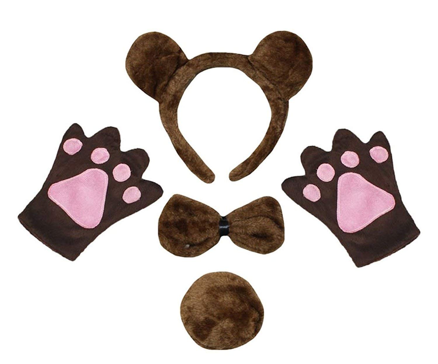 Petitebelle Bear Headband Bowtie Tail Gloves 4pc Children Costume 1-10y (Brown/Round Tail, 1-5 Years)