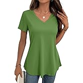 JUSTFASHIONNOW Women's Short Sleeve Flowy V Neck Tunic Tops for Leggings Loose Fit Dressy Casual Summer Beach Basic T Shirts
