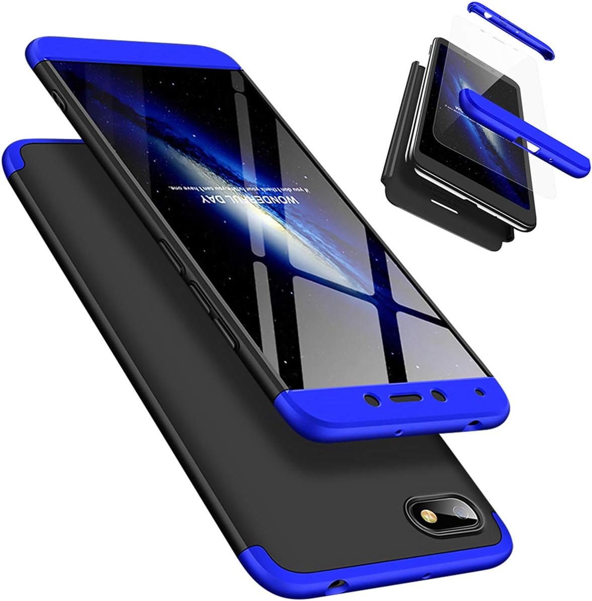 Xiaomi Redmi 6A Case, Laixin 360° Full Body PC Protective Skin Cover with Tempered Glass Screen Protector Film Anti-fingerprint Shockproof Plastic Hard Phone Shell (Blue & Black)