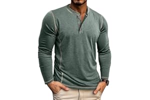 Men's Henley Long Sleeve Shirts Casual Soft Tee Athletic Shirt Basic Slim-Fit T-Shirt Button Stretch Top