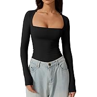 QINSEN Square Neck Tops for Womens Slimming Fit Long Sleeve Double