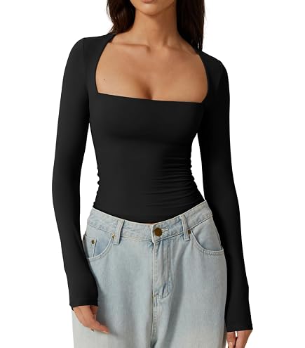 QINSEN Women's Sexy Square Neck Crop Top Long Sleeve Slim Fit