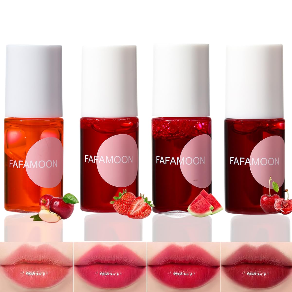 Pakivs 4 Colors Lip Tint Stain Set,Mini Water Lipstick,Korean Lip Gloss Moisturizing Natural,Long Lasting Waterproof,Multi-Use Lip and Cheek Tint(Apple& Strawberry& Watermelon& Cherry)