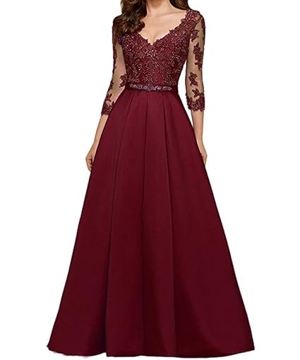 XIAOMING Damen Ball Kleider Lang Elegant V-Ausschnitt 3/4-Arm Abendkleider