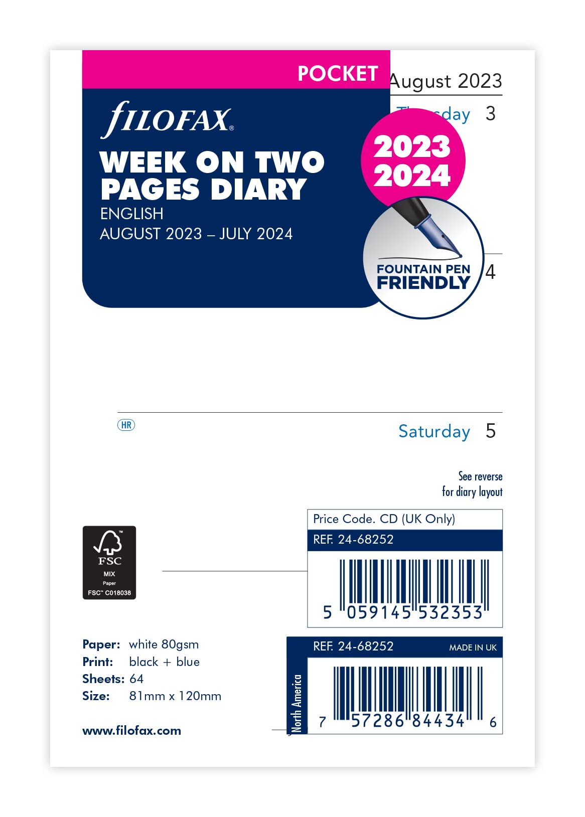 Filofax Pocket Week on Two Pages Mid Year Diary August 23 - July 24, White